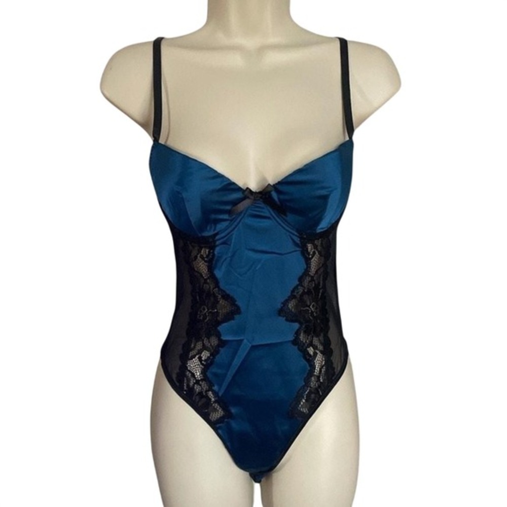 Frederick's of Hollywood Beatrice Satin Lace Teddy Bodysuit S Blue‎ Black NWT
